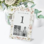 Watercolor Wildflower Wedding Age Table Number Pedestal Sign<br><div class="desc">Modern, boho table number pedestal sign features a modern serif font and delicate wildflowers in soft shades of blush pink, ivory, and green. The table number corresponds to the age of the couple and features black and white photos of them at that age. Create as many table numbers as you...</div>