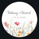 Watercolor Wildflower Wedding Classic Round Sticker<br><div class="desc">This design features a row of brightly coloured spring wildflowers. Perfect for whimsical spring weddings.</div>