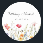 Watercolor Wildflower Wedding Classic Round Sticker<br><div class="desc">This design features a row of brightly coloured spring wildflowers. Perfect for whimsical spring weddings.</div>