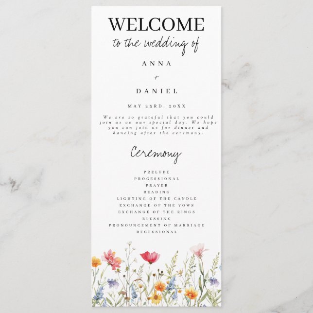 Watercolor Wildflower Wedding Program Programme (Front)