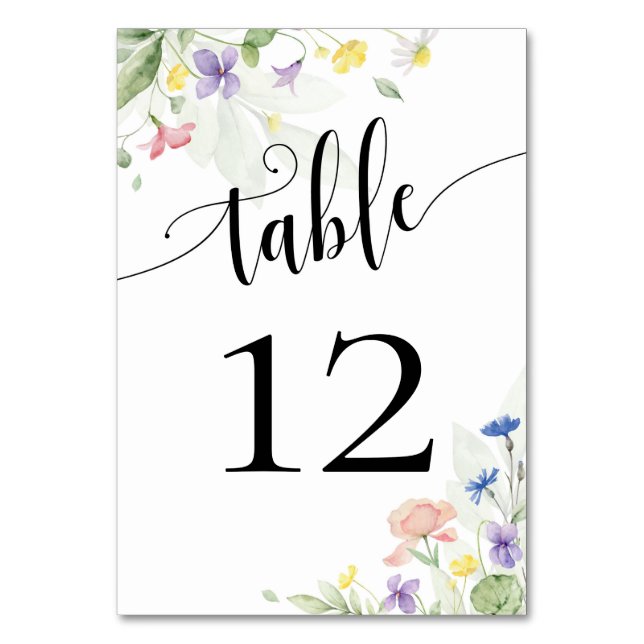 Watercolor Wildflower Wedding Rainbow Floral Pansy Table Number (Front)