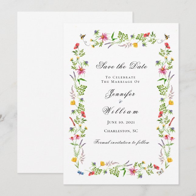 Watercolor Wildflower Wedding Save the date  Announcement (Front/Back)