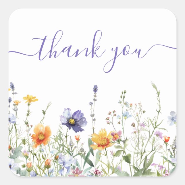 Watercolor Wildflower Wedding Thank You Square Sticker (Front)