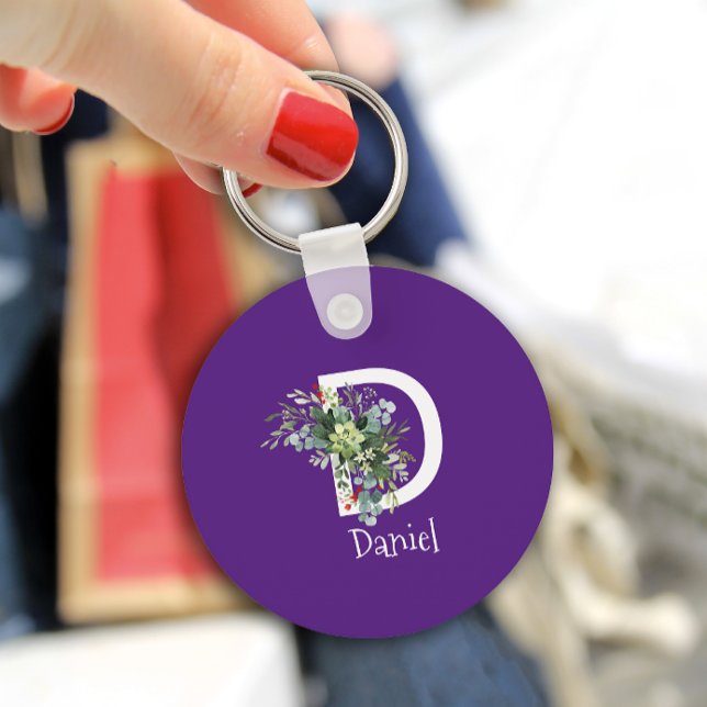 Watercolor wildflower white monogram purple key ring (Creator Uploaded)