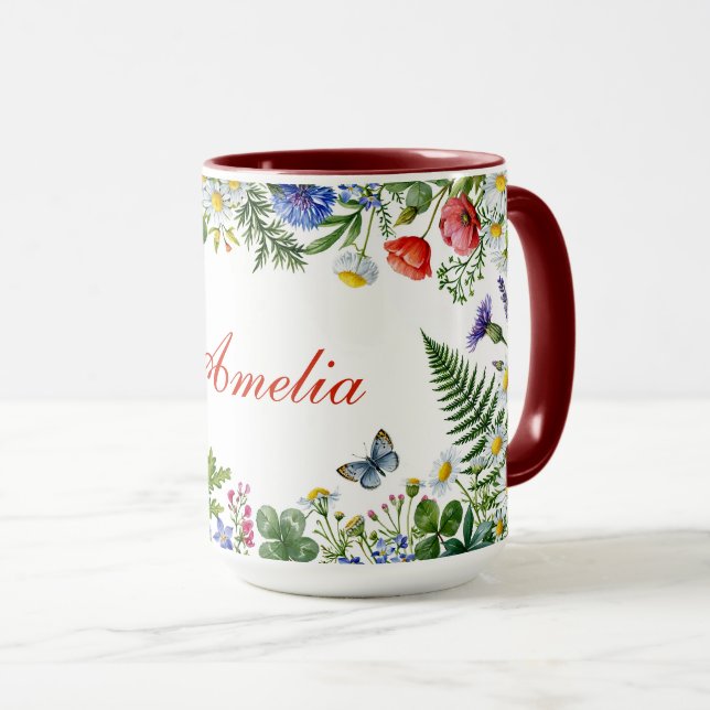 Watercolor Wildflower with Custom Name Mug (Front Right)