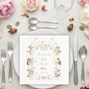 Watercolor Wildflower Woodland Animals Baby Shower Napkin