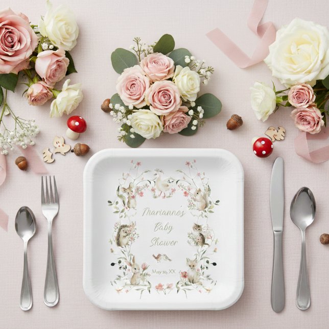 Watercolor Wildflower Woodland Animals Baby Shower Paper Plate (Creator Uploaded)