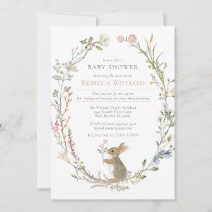 Watercolor Wildflower Woodland Rabbit Baby Shower Invitation