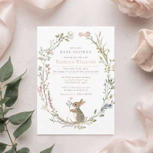 Watercolor Wildflower Woodland Rabbit Baby Shower Invitation
