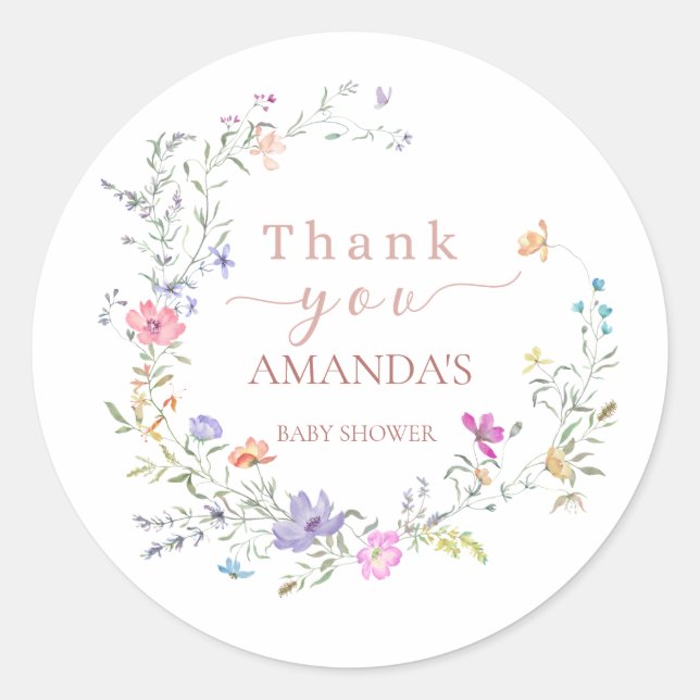 Watercolor Wildflower Wreath Baby Shower Sticker (Front)