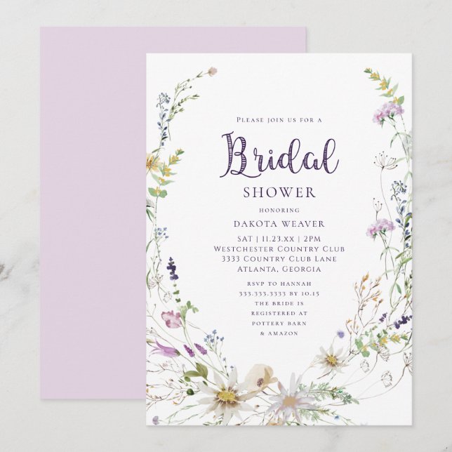 Watercolor Wildflower Wreath Bridal Shower Invitation (Front/Back)