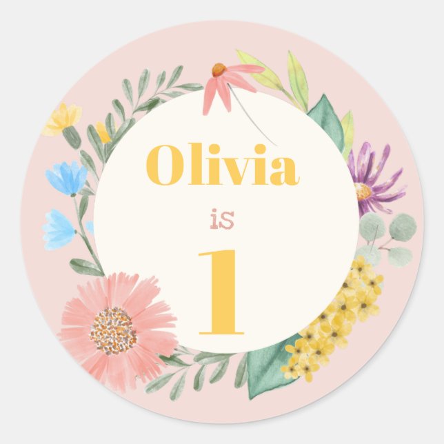 Watercolor Wildflower Wreath First Birthday Classic Round Sticker (Front)