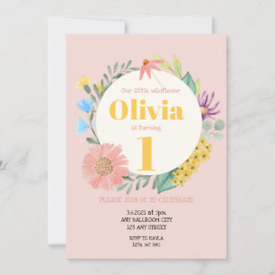 Watercolor Wildflower Wreath First Birthday Invitation