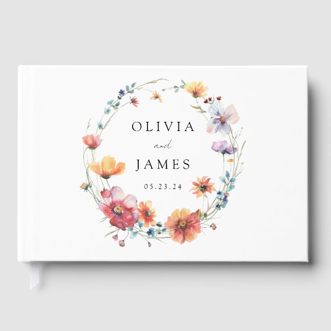 Watercolor Wildflower Wreath Floral Wedding Guest Book (Front)