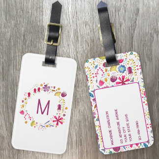 Watercolor Wildflower Wreath Monogram Personalised Luggage Tag