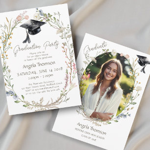 Watercolor Wildflower Wreath photo graduation Invitation