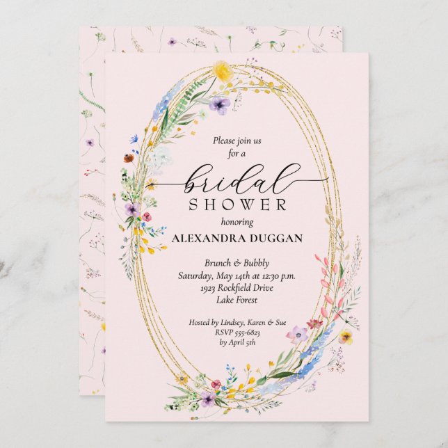 Watercolor Wildflower Wreath Pink Bridal Shower Invitation (Front/Back)