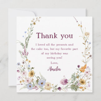 Watercolor Wildflower Wreath Square Birthday Thank You Card