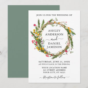 Watercolor Wildflower Wreath Wedding Sage Green Invitation