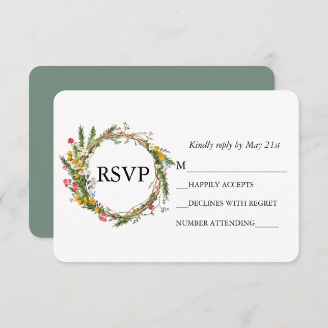 Watercolor Wildflower Wreath Wedding Sage Green RSVP Card (Front/Back)
