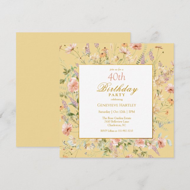 Watercolor Wildflowers 40th Yellow Birthday Invitation (Front/Back)