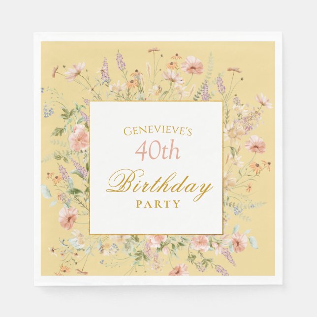 Watercolor Wildflowers 40th Yellow Birthday Napkin (Front)