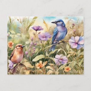 Watercolor Wildflowers and Birds Illustration  Postcard