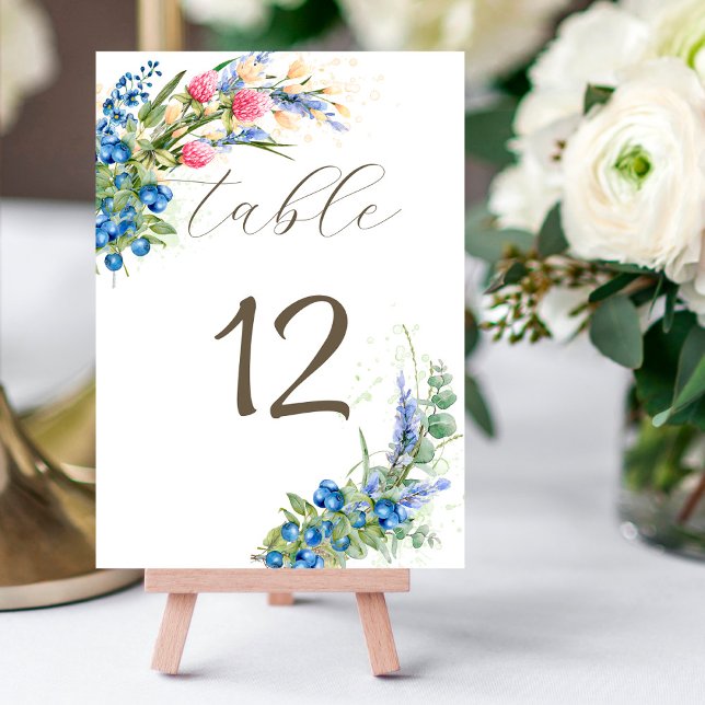 Watercolor Wildflowers and Blueberry Rustic Table Number (Creator Uploaded)