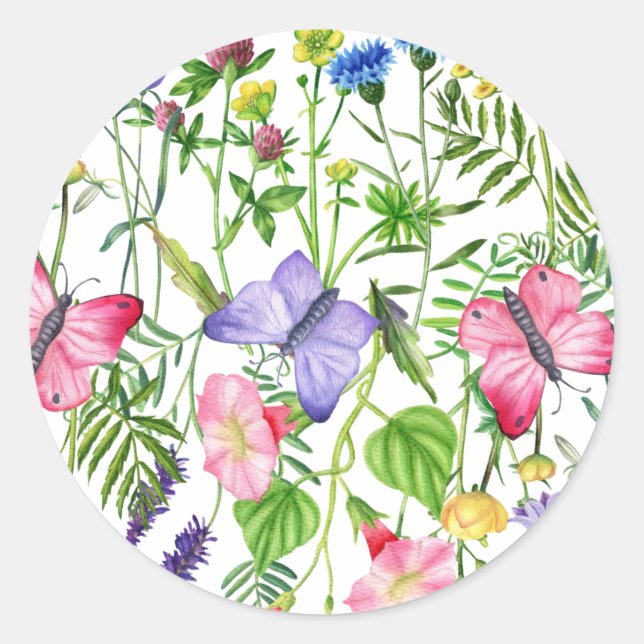 Watercolor Wildflowers and Butterflies Colourful Classic Round Sticker (Front)
