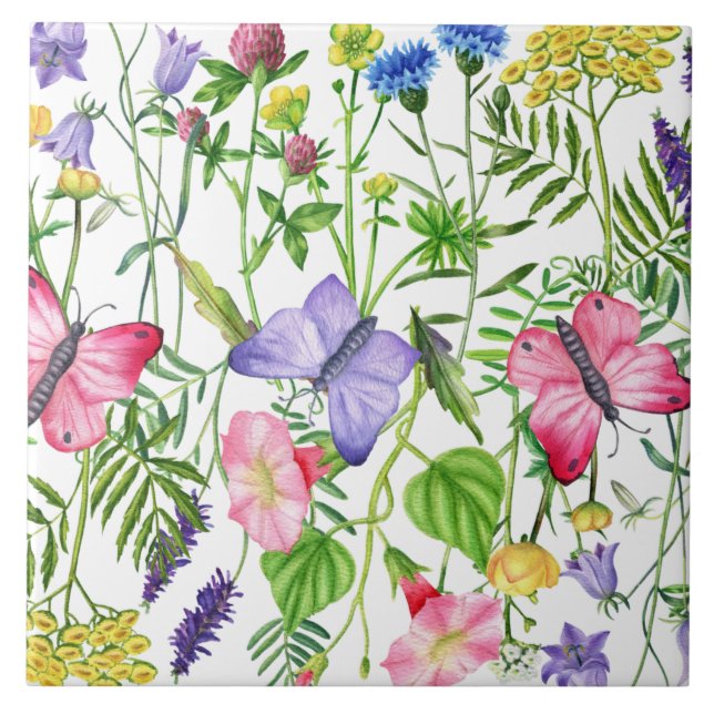 Watercolor Wildflowers and Butterflies Colourful Tile (Front)