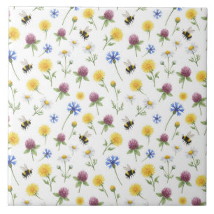Watercolor Wildflowers and Honeybees Tile