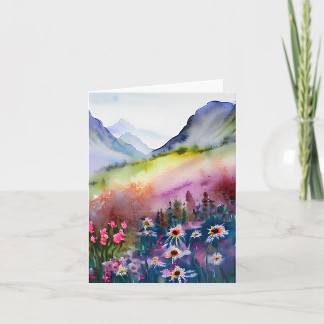 Watercolor wildflowers and mountain customisable card (Front)