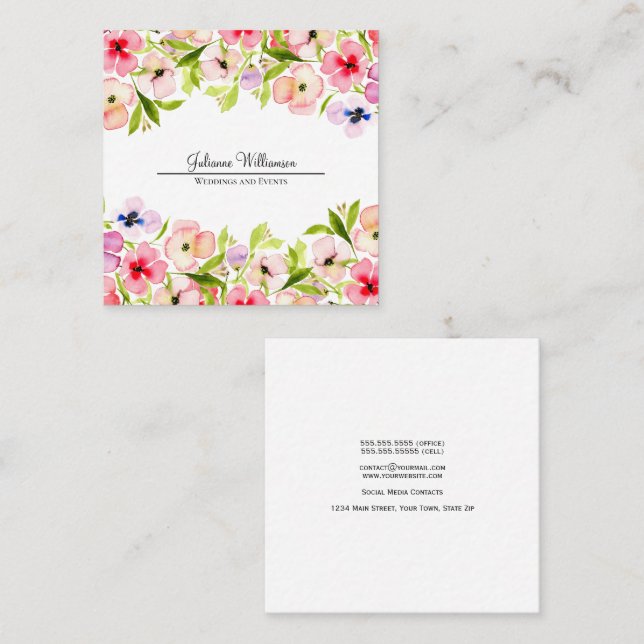 Watercolor Wildflowers and Pansies Pretty Feminine Square Business Card (Front/Back)