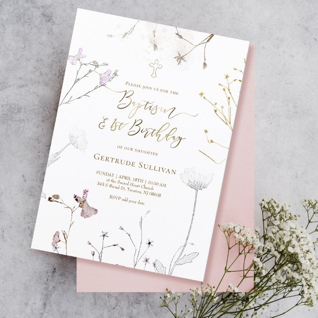watercolor wildflowers Baptism & 1st Birthday Invitation (Creator Uploaded)