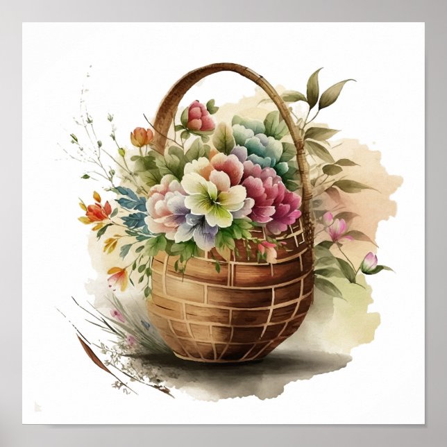 Watercolor Wildflowers Basket Poster (Front)