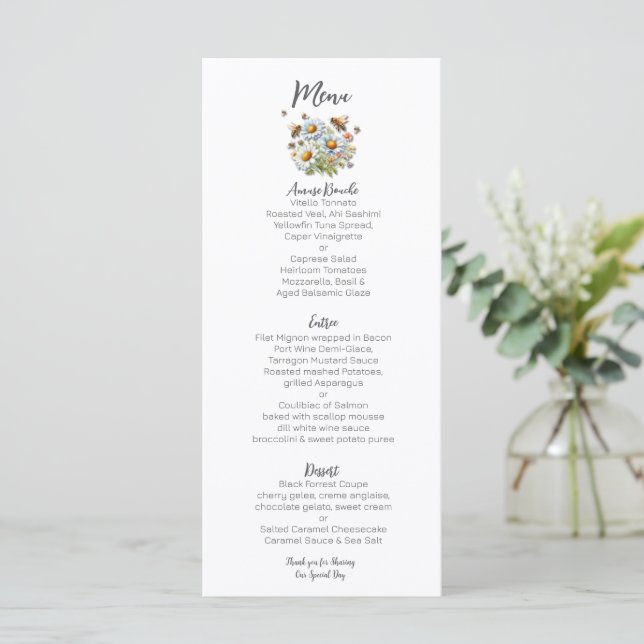 Watercolor Wildflowers Bee Wedding  Menu (Standing Front)