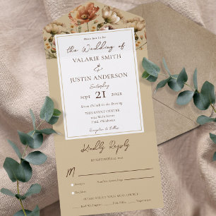 Watercolor Wildflowers Beige Wedding All In One Invitation