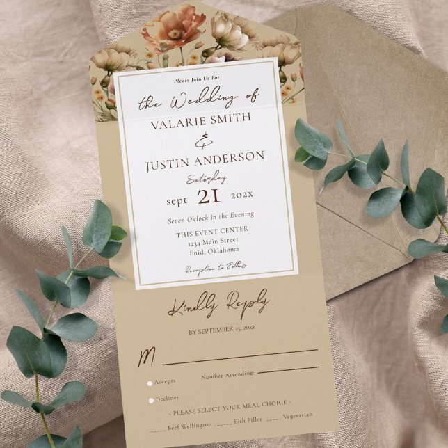Watercolor Wildflowers Beige Wedding All In One Invitation (Creator Uploaded)
