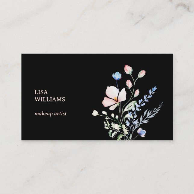 Watercolor Wildflowers Black  Business Card (Front)