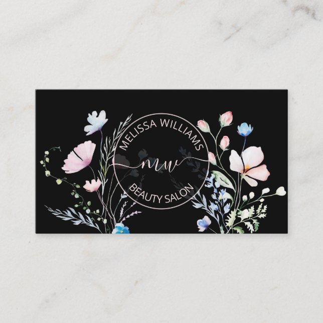 Watercolor Wildflowers Black Mauve Business Card (Front)