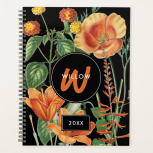 Watercolor Wildflowers Black Orange Monogram  Planner