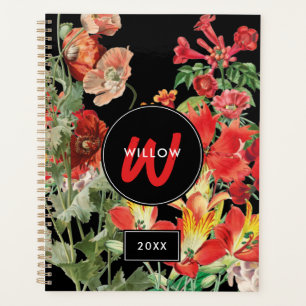 Watercolor Wildflowers Black Red Monogram Planner