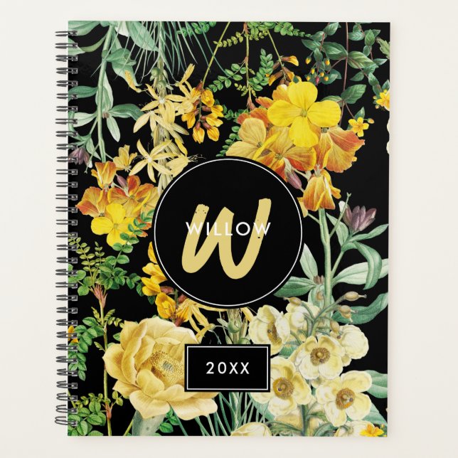 Watercolor Wildflowers Black Yellow Monogram Planner (Front)