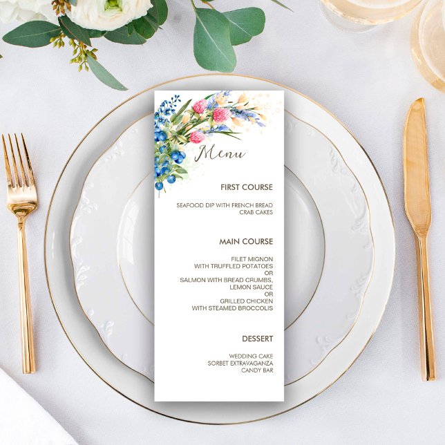 Watercolor Wildflowers & Blueberry Rustic Wedding  Menu (Creator Uploaded)