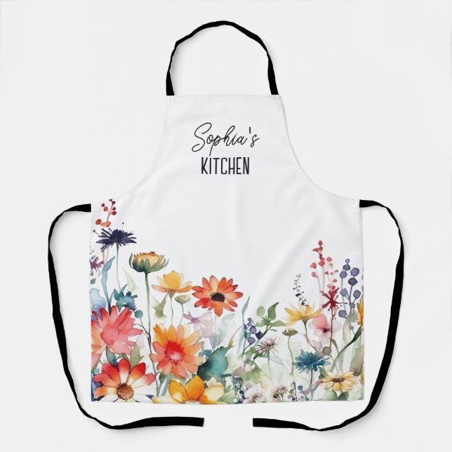 Watercolor Wildflowers Boho Custom Gift Apron (Front)