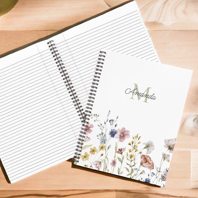 Watercolor Wildflowers Boho Stylish with Monogram Notebook (Creator Uploaded)