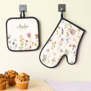 Watercolor Wildflowers Boho Stylish with Monogram Oven Mitt & Pot Holder Set