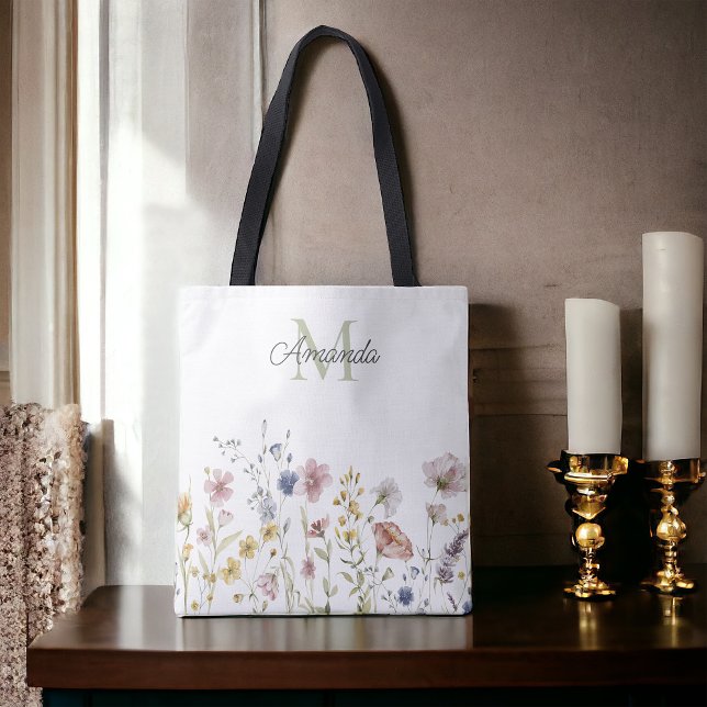 Watercolor Wildflowers Boho Stylish with Monogram Tote Bag (Creator Uploaded)