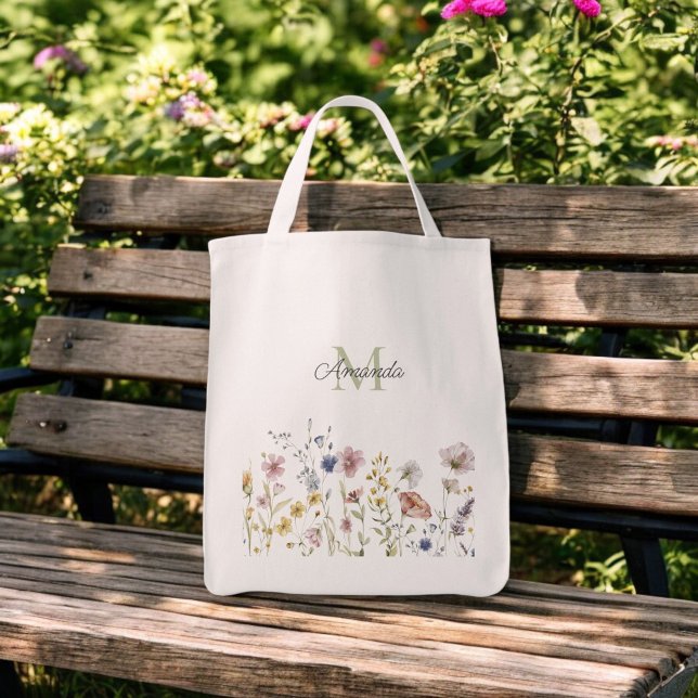 Watercolor Wildflowers Boho Stylish with Monogram Tote Bag (Creator Uploaded)