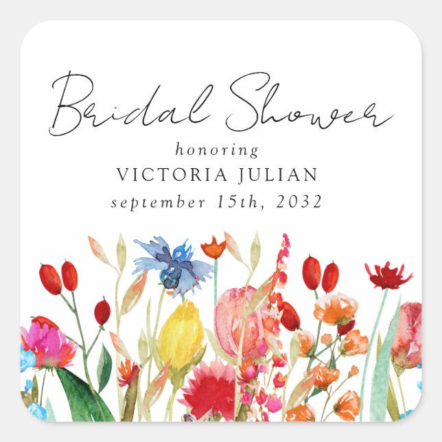 Watercolor Wildflowers Bridal Shower Square Sticker (Front)